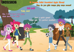 Size: 1120x792 | Tagged: safe, artist:excelso36, imported from derpibooru, apple bloom, button mash, rumble, scootaloo, sweetie belle, tender taps, human, equestria girls, ball, casual, clothes, commission, dialogue, equestria girls-ified, female, football, long socks, male, microskirt, miniskirt, park, pleated skirt, shoes, skirt, socks, sports, suspenders, thigh highs, thigh socks, trash can, walking