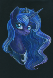 Size: 816x1200 | Tagged: safe, artist:maytee, imported from derpibooru, princess luna, alicorn, pony, black background, bust, colored pencil drawing, portrait, simple background, solo, traditional art