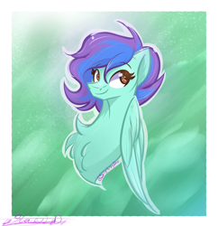 Size: 3700x3828 | Tagged: safe, artist:slightningdash, imported from derpibooru, oc, oc only, oc:blue lemonade, pegasus, pony, chest fluff, commission, eyebrows, eyebrows visible through hair, female, fluffy, folded wings, high res, looking at you, mare, pegasus oc, pony oc, shading, shiny, simple background, smiling, smiling at you, solo, wings