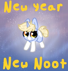 Size: 1632x1698 | Tagged: safe, artist:nootaz, imported from derpibooru, oc, oc only, oc:nootaz, pony, unicorn, coat markings, featured image, freckles, happy new year, holiday, horn, it's february tho, looking at you, socks (coat markings), solo, text, unicorn oc