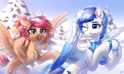 Size: 3500x2090 | Tagged: safe, artist:hakaina, imported from derpibooru, oc, oc only, oc:nova rossi, oc:saphirblau, pegasus, pony, belly, belly fluff, blue eyes, cheek fluff, chest fluff, chin fluff, clothes, coat markings, colored, colored wings, concave belly, cute, duo, ear fluff, eyebrows, eyelashes, facial markings, female, fluffy, gradient wings, high res, hoof fluff, hoof hold, hooves, leg fluff, lighting, looking at each other, looking at someone, male, mare, ocbetes, one eye closed, open mouth, pale belly, partially open wings, pegasus oc, playing, pony pegasus, rearing, scarf, shading, shadow, signature, sky, slim, smiling, snow, snowball, snowball fight, socks (coat markings), spread wings, stallion, teeth, thin, tree, unshorn fetlocks, wing fluff, wings, wink, winter