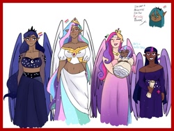 Size: 1024x768 | Tagged: safe, artist:sprong-lhama, imported from derpibooru, princess cadance, princess celestia, princess flurry heart, princess luna, queen chrysalis, twilight sparkle, elf, human, alicorn pentarchy, alicorn tetrarchy, baby, belly button, bisexual pride flag, breasts, bust, cleavage, clothes, dark skin, dress, elf ears, female, headcanon in the description, humanized, lesbian pride flag, midriff, mother and child, mother and daughter, pansexual pride flag, pride, pride flag, royal sisters, scroll, siblings, sisters, twilight sparkle (alicorn), winged humanization, wings
