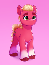 Size: 896x1187 | Tagged: safe, artist:malarkey, imported from derpibooru, sprout cloverleaf, earth pony, pony, daily sprout, g5, male, pink background, simple background, solo, stallion