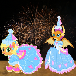 Size: 719x719 | Tagged: safe, artist:darlycatmake, imported from derpibooru, applejack, smolder, dragon, earth pony, pony, beautiful, bow, clothes, cute, dragon wings, dragoness, dress, ear piercing, female, fireworks, flower, flower in hair, froufrou glittery lacy outfit, gloves, happy, happy new year, hat, hennin, holiday, jackabetes, jewelry, long gloves, mare, necklace, new year, new years eve, party, piercing, pretty, princess, princess applejack, princess smolder, smiling, smolderbetes, spread wings, wings