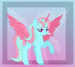 Size: 1024x914 | Tagged: safe, artist:existencecosmos188, imported from derpibooru, oc, oc only, alicorn, pony, abstract background, alicorn oc, commission, eyelashes, female, horn, mare, raised hoof, smiling, solo, wings, ych result