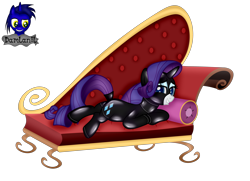 Size: 4154x3000 | Tagged: safe, artist:damlanil, imported from derpibooru, rarity, pony, unicorn, bodysuit, clothes, collar, couch, cute, eyeshadow, fainting couch, female, horn, latex, latex suit, looking at you, lying down, makeup, mare, pillow, raribetes, rubber, shiny, show accurate, simple background, smiling, solo, suit, transparent background, underhoof, vector
