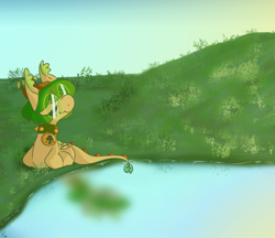 Size: 1774x1533 | Tagged: safe, artist:pagophasia, derpibooru exclusive, imported from derpibooru, oc, oc only, oc:hortis culture, hybrid, pony, collar, daytime, ear tufts, eyes closed, full body, glasses, grass, hill, horns, leaf, lying down, nonbinary, pond, ponyloaf, prone, reflection, relaxing, round glasses, smiling, solo, sunbathing, sunrise, water, wings