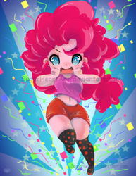 Size: 600x777 | Tagged: safe, artist:sugarheartart, imported from derpibooru, pinkie pie, human, equestria girls, anime, belly button, chibi, clothes, confetti, female, hands on cheeks, looking at you, midriff, obtrusive watermark, shorts, solo, watermark, wide hips