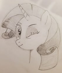 Size: 1088x1280 | Tagged: safe, anonymous artist, imported from derpibooru, rarity, pony, looking at you, one eye closed, solo, traditional art, wink, winking at you