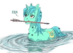 Size: 892x642 | Tagged: safe, artist:adeptus-monitus, imported from derpibooru, lyra heartstrings, pony, unicorn, arrow, behaving like a frog, burdock, burrs, cyrillic, female, mare, mouth hold, russian, russian literature, simple background, solo, the frog princess, water, white background