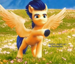 Size: 1745x1473 | Tagged: safe, artist:ilostangel, imported from derpibooru, flash sentry, pegasus, pony, angry, flash sentry is not amused, flower, flower field, frown, g4, g4 to g5, g5, generation leap, hoof heart, male, pointing, solo, spread wings, stallion, standing, unamused, underhoof, wings