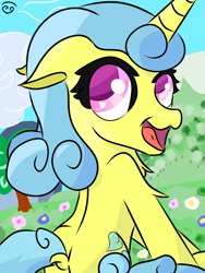 Size: 1500x2000 | Tagged: safe, artist:papacruda09, imported from derpibooru, lemon hearts, unicorn, female, grass, happy, horn, mare, sitting
