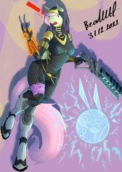 Size: 694x982 | Tagged: safe, artist:artsybeowulf, imported from derpibooru, fluttershy, anthro, pegasus, unguligrade anthro, armor, bodysuit, clothes, crossover, exclamation point, gun, mass effect, rifle, solo, tali'zorah vas normandy, weapon
