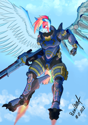 Size: 992x1403 | Tagged: safe, artist:artsybeowulf, imported from derpibooru, rainbow dash, anthro, pegasus, unguligrade anthro, amputee, armor, artificial wings, augmented, crossover, garrus vakarian, gun, mass effect, prosthetic limb, prosthetic wing, prosthetics, rifle, scar, solo, spread wings, torn ear, weapon, wings