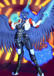 Size: 992x1403 | Tagged: safe, artist:artsybeowulf, imported from derpibooru, princess luna, alicorn, anthro, unguligrade anthro, aria t'loak, armor, boots, breasts, cleavage, clothes, crossover, glow, glowing horn, horn, jacket, magic, magic sword, shoes, solo, spread wings, straps, sword, weapon, wings