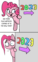 Size: 1126x1841 | Tagged: safe, artist:doodledonutart, imported from derpibooru, pinkie pie, earth pony, pony, 2023, comic, dialogue, scared, solo, vulgar, wide eyes