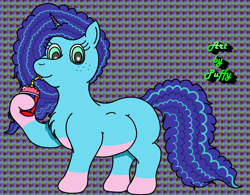 Size: 2500x1952 | Tagged: safe, artist:puffydearlysmith, imported from derpibooru, pony, unicorn, blank flank, chubby, coat markings, drinking, drinking straw, female, freckles, g5, mare, misty, pale belly, smoothie, socks (coat markings), that pony sure does love smoothies