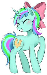 Size: 984x1572 | Tagged: safe, artist:metaruscarlet, imported from derpibooru, oc, oc only, oc:coral glitter, pony, unicorn, derpibooru community collaboration, 2023 community collab, blushing, bow, cute, eyes closed, female, grin, hair bow, horn, mare, multicolored hair, raised hoof, simple background, smiling, solo, transparent background, unicorn oc