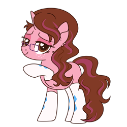 Size: 900x900 | Tagged: safe, artist:fuckomcfuck, imported from derpibooru, oc, oc only, oc:opacity, pony, unicorn, derpibooru community collaboration, 2023 community collab, bedroom eyes, clothes, cute, female, freckles, glasses, mare, raised hoof, simple background, socks, solo, transparent background