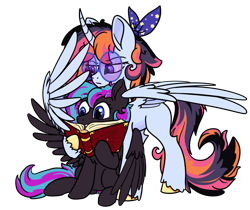 Size: 1450x1220 | Tagged: safe, artist:swishyfishy4308, imported from derpibooru, oc, oc:1friendlyalicorn, oc:moony, alicorn, pegasus, pony, derpibooru community collaboration, 2023 community collab, alicorn oc, duo, horn, pegasus oc, simple background, transparent background, wings