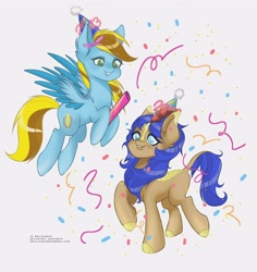 Size: 3500x3700 | Tagged: safe, artist:sushimeko, imported from derpibooru, oc, oc only, oc:cobalt flame, oc:lucky bolt, kirin, pegasus, pony, 2023, confetti, female, flying, happy new year, hat, holiday, male, party, party hat, party popper