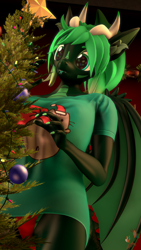 Size: 2160x3840 | Tagged: safe, artist:donglysfm, imported from derpibooru, oc, oc:emerald dusk, anthro, dracony, dragon, hybrid, pony, art pack:winter wonderland 2022, 3d, anthro oc, behaving like a cat, christmas, christmas tree, clothes, dilated pupils, ear fluff, high res, holiday, nightshirt, pajamas, revamped anthros, shirt, solo, source filmmaker, this will end in tears, tongue out, tree