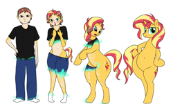 Size: 2396x1537 | Tagged: safe, artist:redpaladin, imported from derpibooru, sunset shimmer, human, semi-anthro, belly, belly button, bipedal, blushing, butt, clothes, disproportional anatomy, hips, huge butt, human to pony, large butt, male to female, rule 63, sequence, transformation, transgender transformation