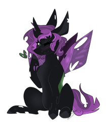 Size: 2181x2614 | Tagged: safe, artist:ezzerie, imported from derpibooru, oc, oc only, oc:nadalia, changeling, insect, blowing a kiss, commission, horn, one eye closed, present, purple changeling, sitting, solo, wings, wink