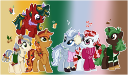 Size: 2406x1422 | Tagged: safe, artist:eonionic, imported from derpibooru, oc, oc:bell carol, oc:evergreen, oc:peppermint puff, oc:wassail, oc:wicket gift, oc:winter wonderland, earth pony, pegasus, pony, unicorn, base used, boots, bow, christmas, clothes, crack ship offspring, earmuffs, glasses, holiday, jingle bells, magical gay spawn, magical lesbian spawn, offspring, parent:applejack, parent:big macintosh, parent:coloratura, parent:cozy glow, parent:double diamond, parent:flim, parent:night glider, parent:short fuse, parent:sprout greenhoof, parent:starlight glimmer, parent:timber spruce, parent:twist, parents:flimmac, parents:nightdiamond, parents:rarajack, round glasses, scarf, shoes, sweater