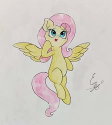 Size: 1515x1688 | Tagged: safe, artist:engi, imported from derpibooru, fluttershy, pegasus, pony, female, open mouth, simple background, solo, spread wings, traditional art, wings