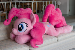 Size: 5184x3456 | Tagged: safe, artist:azgchip, imported from derpibooru, pinkie pie, earth pony, pony, commission, couch, cute, female, irl, life size, lying down, mare, photo, plushie, prone, solo, sploot