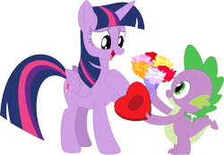 Size: 3534x2444 | Tagged: safe, artist:porygon2z, imported from derpibooru, spike, twilight sparkle, alicorn, dragon, pony, cute, duo, female, flower, hearts and hooves day, heartwarming, holiday, male, shipping, shipping fuel, simple background, spikabetes, straight, transparent background, twilight sparkle (alicorn), twispike, valentine's day, vector