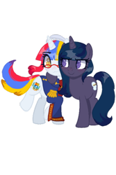 Size: 800x1200 | Tagged: safe, artist:thatonenicekitty, imported from derpibooru, oc, oc only, oc:arepita, oc:n0kkun, pony, unicorn, derpibooru community collaboration, 2023 community collab, clothes, coat, commission, duo, female, glasses, hat, hug, looking at each other, looking at someone, mare, multicolored hair, raised hoof, raised leg, shirt, simple background, suit, transparent background, venezuela