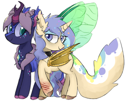 Size: 1359x1080 | Tagged: safe, artist:metaruscarlet, imported from derpibooru, oc, oc:mish-mash, oc:popsicle dagger, alicorn, bat pony, bat pony alicorn, changedling, changeling, hybrid, kirin, pony, derpibooru community collaboration, 2023 community collab, alicorn oc, amputee, artificial wings, augmented, bat pony oc, bat wings, changedling oc, changeling oc, choker, duo, ear piercing, earring, eyeshadow, female, freckles, genderfluid, horn, jewelry, kirin hybrid, kirin oc, looking at each other, looking at someone, makeup, mare, markings, multicolored hair, piercing, prosthetic limb, prosthetic wing, prosthetics, raised hoof, scar, simple background, tattoo, transparent background, unshorn fetlocks, wings