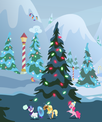 Size: 5400x6480 | Tagged: safe, anonymous artist, imported from derpibooru, applejack, pinkie pie, rainbow dash, rarity, scootaloo, earth pony, pegasus, pony, unicorn, series:fm holidays, series:hearth's warming advent calendar 2022, absurd resolution, bipedal, christmas, christmas lights, christmas tree, clothes, cute, cutealoo, eyes closed, female, filly, foal, force field, frown, hat, hat off, holiday, jacket, lineless, mare, open mouth, open smile, pointy ponies, scarf, smiling, snow, snowball, snowball fight, snowfall, sunglasses, throwing, tongue out, tree