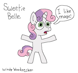 Size: 845x792 | Tagged: safe, artist:windywoodpecker, imported from derpibooru, sweetie belle, pony, unicorn, bipedal, cute, diasweetes, female, filly, foal, g4, how to draw, implied twilight sparkle, magic, simple background, solo, speech bubble, talking, tutorial, white background