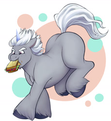 Size: 1809x1976 | Tagged: safe, artist:sallylla, imported from derpibooru, pony, unicorn, alphabittle blossomforth, alphabooty, bread, butt, cheese, chubby cheeks, eating, eyebrows, food, food on face, freckles, full body, g5, hooves, jumping, landing, male, nom, plot, sandwich, simple background, solo, stallion, teeth, unshorn fetlocks, white background, younger