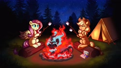 Size: 3840x2160 | Tagged: safe, artist:confetticakez, imported from derpibooru, applejack, fluttershy, rarity, earth pony, kirin, nirik, pegasus, pony, unicorn, campfire, camping, eyes closed, fire, food, forest, happy, marshmallow, mundane utility, night, rarity is a marshmallow, s'mores, smiling, spread wings, stars, tent, wings