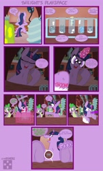 Size: 2141x3547 | Tagged: safe, artist:checker "doodle" board, imported from derpibooru, bon bon, octavia melody, spike, sweetie drops, trixie, twilight sparkle, oc, oc:checkerboard, oc:inkenel, pony, unicorn, comic, golden oaks library, macro, magic, micro, microscopic, shrunken, size difference, spaceballs the tag, test tube, unicorn twilight