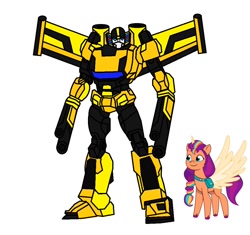 Size: 1080x1017 | Tagged: safe, artist:robertsonskywa1, imported from derpibooru, sunny starscout, alicorn, earth pony, pony, cannon, duo, faceplate, g5, horn, my little pony: tell your tale, race swap, simple background, sunnycorn, sunstreaker, super mode, transformers, white background, wings