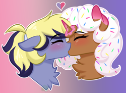 Size: 1340x985 | Tagged: safe, artist:move, imported from derpibooru, oc, oc only, oc:donut daydream, oc:star hunter, pegasus, pony, unicorn, blushing, donut, duo, duo female, eyes closed, female, food, heart, horn, kiss on the lips, kissing, lesbian, mare, pegasus oc, simple background, unicorn oc