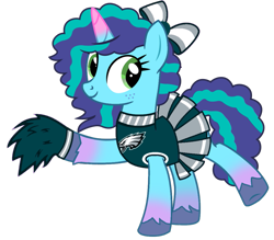 Size: 1059x929 | Tagged: safe, artist:ejlightning007arts, edit, editor:miss connie, imported from derpibooru, bird, eagle, pony, unicorn, american football, bow, cheerleader, clothes, coat markings, eyelashes, female, freckles, g4, g5, g5 to g4, generation leap, green eyes, hair bow, horn, mare, misty brightdawn, my little pony: a new generation, my little pony: make your mark, my little pony: tell your tale, nfl, nfl playoffs, philadelphia, philadelphia eagles, pom pom, poofy mane, poofy tail, simple background, skirt, smiling, socks (coat markings), solo, sports, super bowl, super bowl lvii, transparent background, unshorn fetlocks