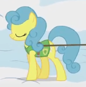 Size: 172x175 | Tagged: safe, imported from derpibooru, screencap, earth pony, pony, season 1, winter wrap up, animation error, cropped, earth pony lemon hearts, eyes closed, female, harness, mare, missing horn, plant team, race swap, walking, winter wrap up vest