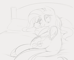 Size: 1271x1036 | Tagged: safe, artist:dotkwa, imported from derpibooru, fluttershy, pegasus, pony, bed, butt, cute, female, flutterbutt, gray background, grayscale, looking at you, lying down, mare, monochrome, on bed, on side, plot, shyabetes, simple background, sketch, smiling, smiling at you, solo