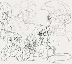 Size: 1056x952 | Tagged: safe, artist:dotkwa, imported from derpibooru, fluttershy, zecora, pegasus, pony, zebra, belly, belly button, claws, eating, female, food, frown, glare, gray background, grayscale, hoof hold, looking at you, mare, monochrome, pizza, simple background, sitting, sketch, sketch dump, tongue out, wing claws, wings