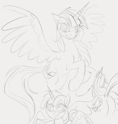 Size: 1250x1312 | Tagged: safe, artist:dotkwa, imported from derpibooru, oc, oc only, oc:fausticorn, alicorn, pony, alicorn oc, butt, female, gray background, grayscale, horn, looking at you, mare, monochrome, plot, simple background, sketch, sketch dump, smiling, smiling at you, solo, spread wings, wings