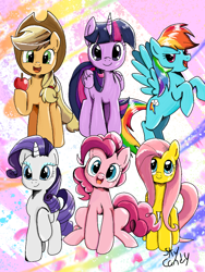 Size: 768x1024 | Tagged: safe, alternate version, artist:skycandy, color edit, edit, imported from derpibooru, seven seas, applejack, fluttershy, pinkie pie, rainbow dash, rarity, twilight sparkle, alicorn, earth pony, pegasus, pony, unicorn, my little pony: the manga, colored, mane six, sketch gallery, twilight sparkle (alicorn)