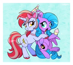 Size: 3700x3300 | Tagged: safe, artist:darkynez, imported from derpibooru, oc, oc only, oc:cinnamon lightning, pegasus, pony, unicorn, bow, collar, cupcake, duo, female, food, hair bow, happy, hat, hug, mare, open mouth, open smile, party hat, smiling