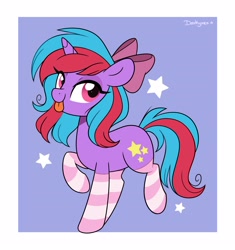 Size: 3100x3300 | Tagged: safe, artist:darkynez, imported from derpibooru, oc, oc only, oc:cosmic spark, pony, unicorn, bow, clothes, hair bow, lidded eyes, looking at you, raspberry, smiling, socks, solo, striped socks, tongue out