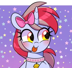 Size: 868x815 | Tagged: safe, artist:darkynez, imported from derpibooru, oc, oc:cinnamon lightning, pony, unicorn, bell, bell collar, blushing, bow, collar, hair bow, happy, smiling, solo, tongue out